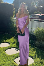 Off The Shoulder Sheath Maxi Dress Satin Long Prom Dress With Open Back