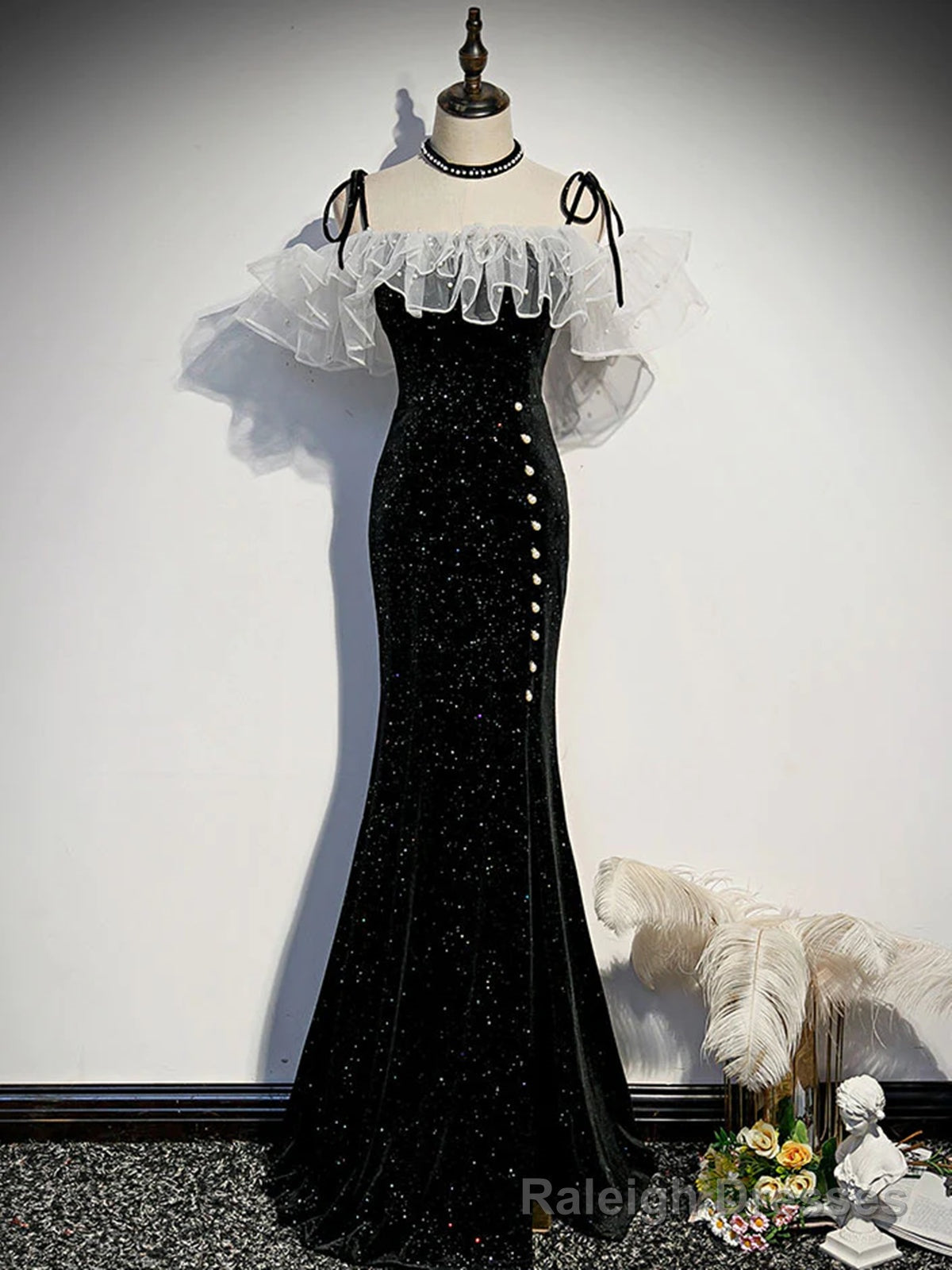 Off the Shoulder Shiny Black Mermaid Prom Dresses, Shiny Black Long Formal Dresses Main image