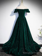 Off the Shoulder Shiny Green Black Long Prom Dresses, Green Black Long Formal Evening Dresses