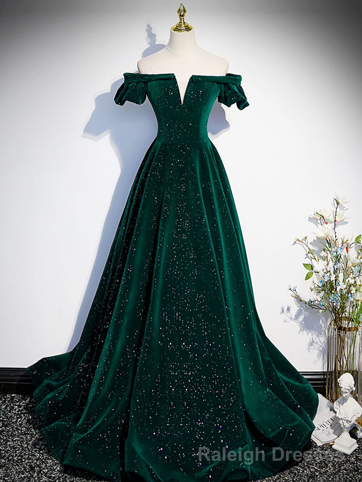 Off the Shoulder Shiny Green Black Long Prom Dresses, Green Black Long Formal Evening Dresses Main image