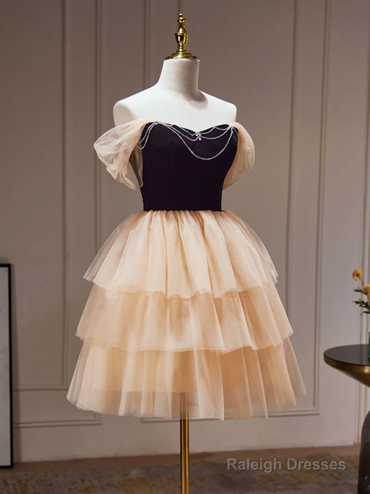 Off The Shoulder Short Black Champagne Prom Dress Short Black Champagne Graduation Homecoming Dress