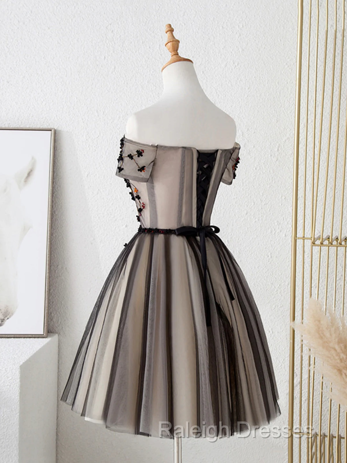 Off The Shoulder Short Black Floral Prom Dress Short Black Floral Graduation Homecoming Dress