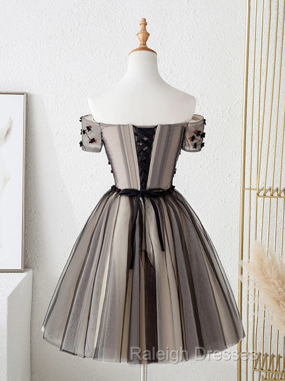 Off The Shoulder Short Black Floral Prom Dress Short Black Floral Graduation Homecoming Dress