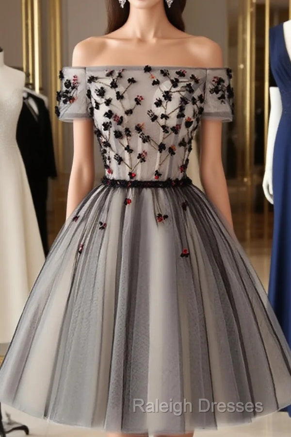 Off The Shoulder Short Black Floral Prom Dresses, Short Black Floral Graduation Homecoming Dresses Main image