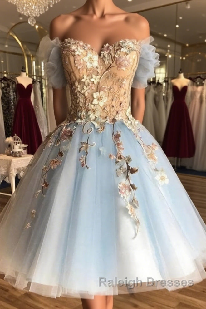 Off the Shoulder Short Blue Lace Floral Prom Dresses, Off the Shoulder Short Blue Lace Graduation Homecoming Dresses