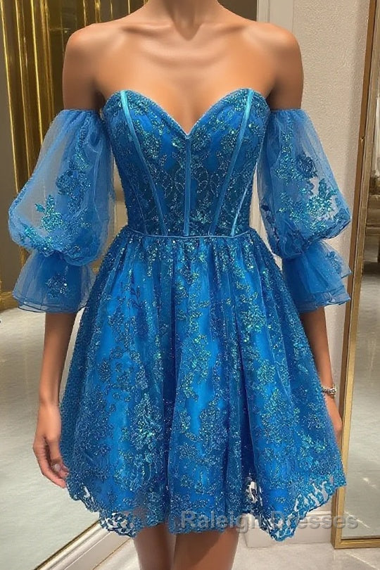 Off the Shoulder Short Blue Lace Prom Dresses, Short Blue Lace Formal Homecoming Dresses
