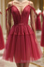 Off the Shoulder Short Burgundy Lace Prom Dresses, Wine Red Short Lace Formal Graduation Dresses