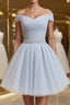Off the Shoulder Short Gray Prom Dresses with Coset Back, Short Beaded Gray Graduation Homecoming Dresses