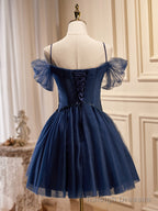 Off the Shoulder Short Navy Blue Prom Dresses, Dark Blue Off Shoulder Graduation Homecoming Dresses