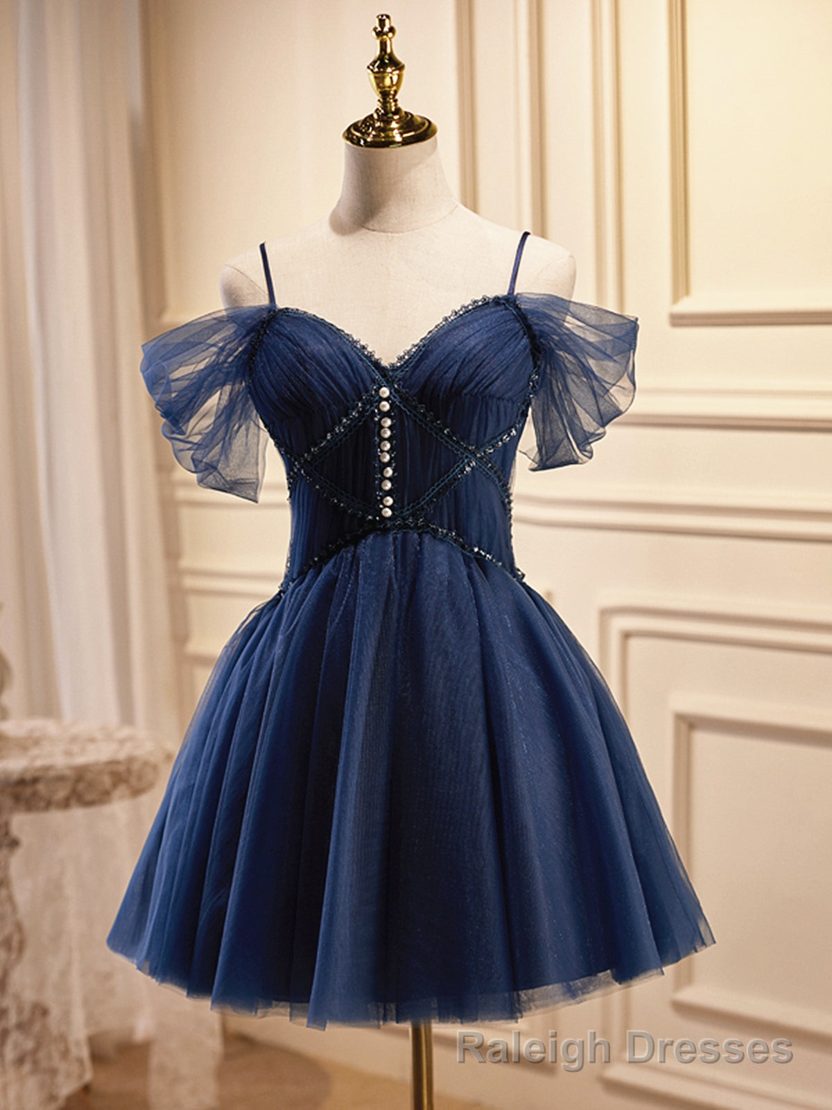 Off the Shoulder Short Navy Blue Prom Dresses, Dark Blue Off Shoulder Graduation Homecoming Dresses Secondary image