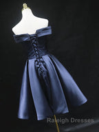 Off the Shoulder Short Navy Blue Prom Dresses, Short Navy Blue Formal Homecoming Graduation Dresses