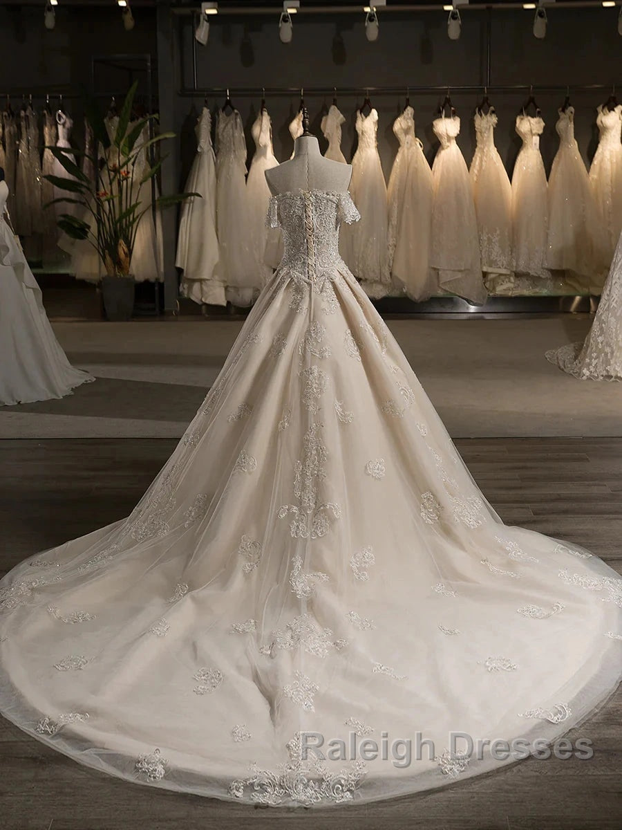 Off-The-Shoulder Short Sleeves Tulle Applique With Beading Court Train Ball Gown Wedding Dress