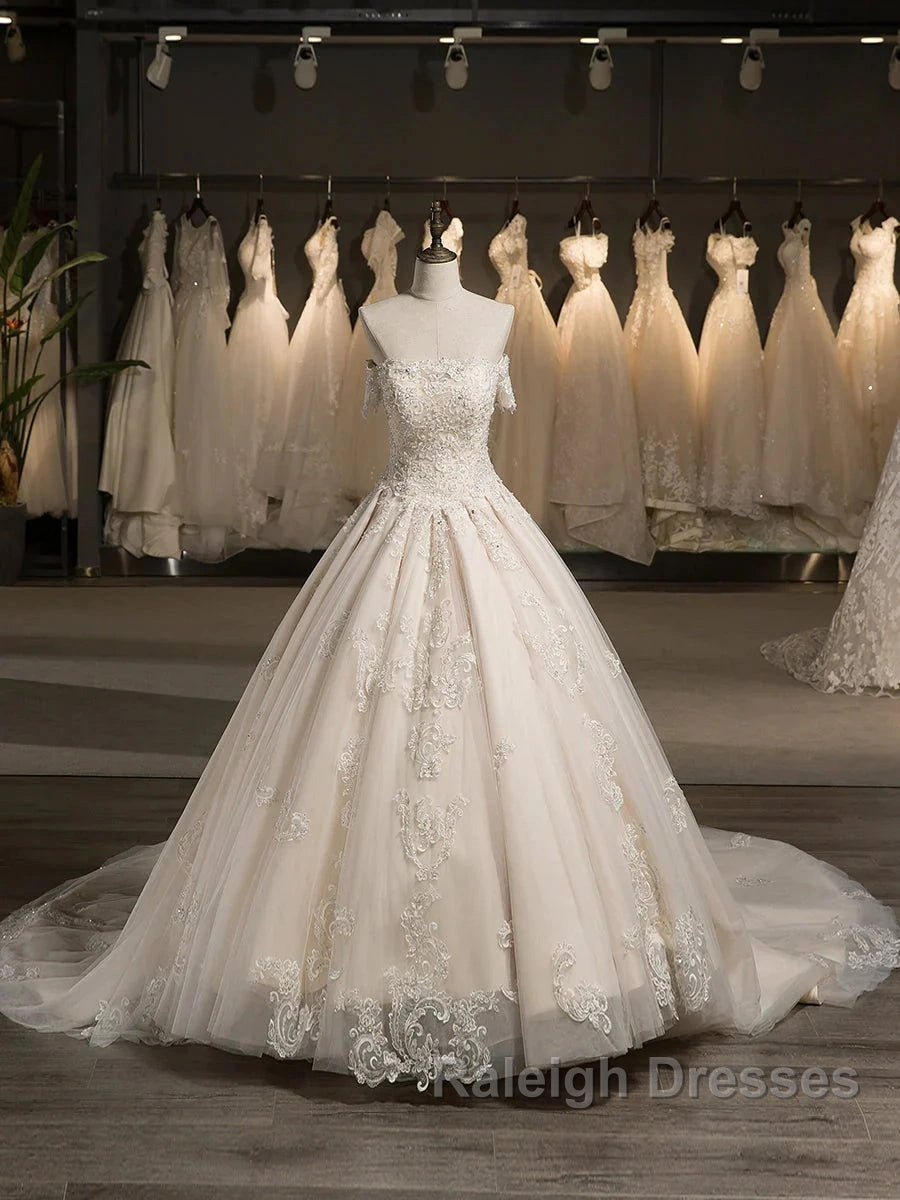 Off-The-Shoulder Short Sleeves Tulle Applique With Beading Court Train Ball Gown Wedding Dress
