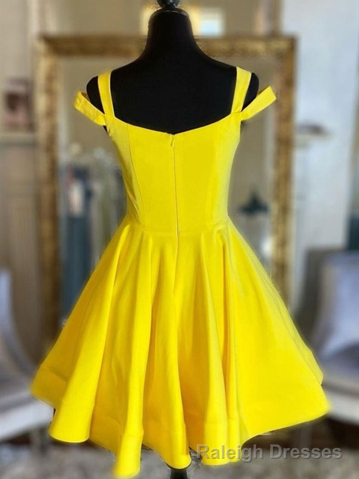 Off the Shoulder Short Yellow Satin Prom Dresses, Short Yellow Satin Formal Homecoming Dresses Secondary image