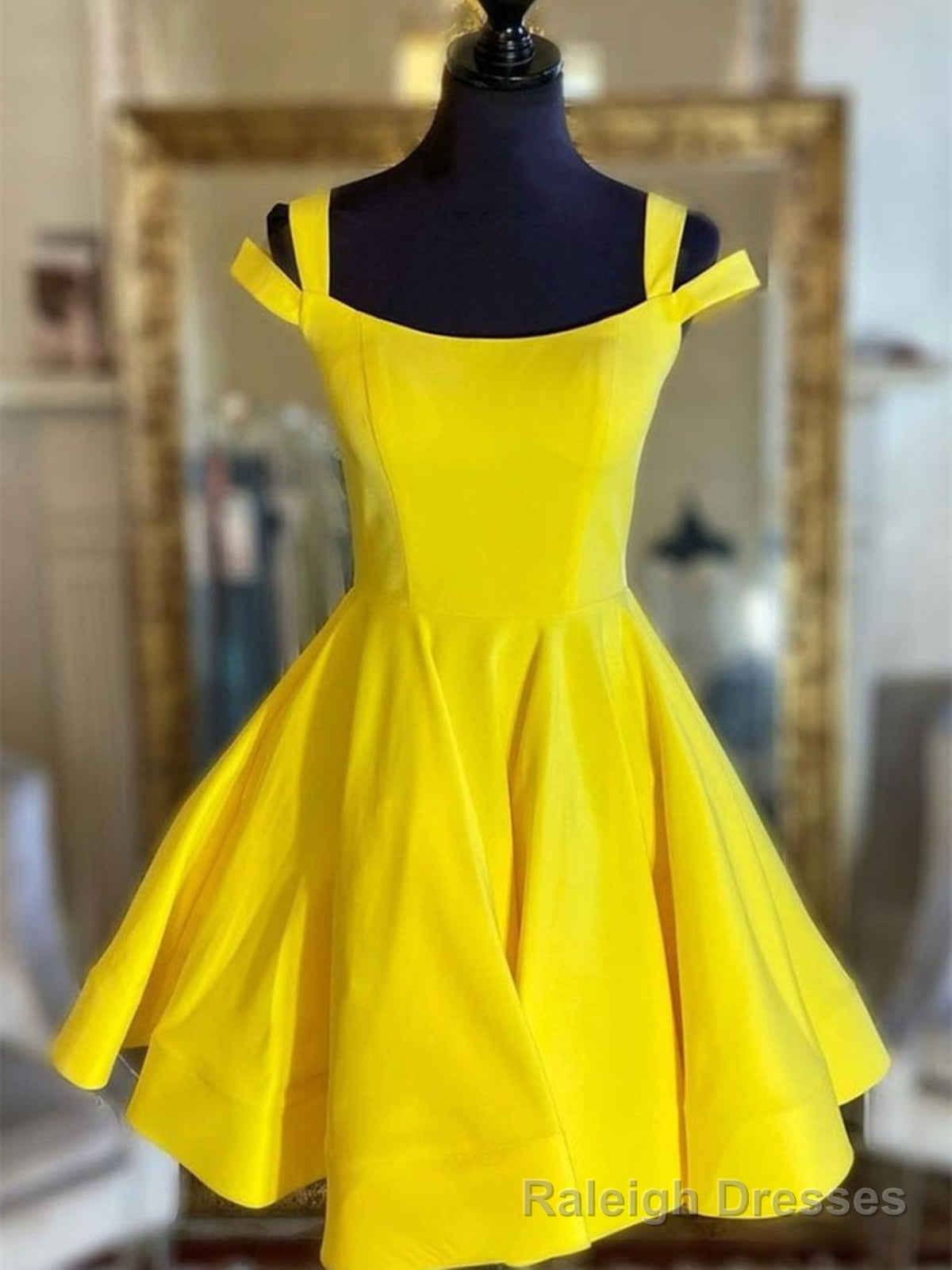 Off the Shoulder Short Yellow Satin Prom Dresses, Short Yellow Satin Formal Homecoming Dresses Main image