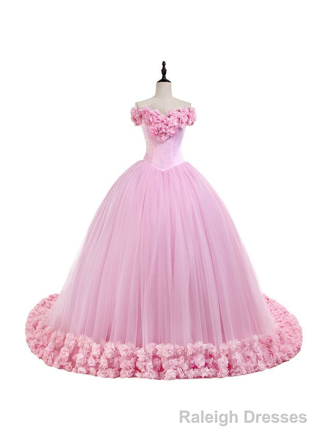 Off the Shoulder Sweet 16 Dress Pink 3D Flowers Tulle Quinceanera Dresses Main image