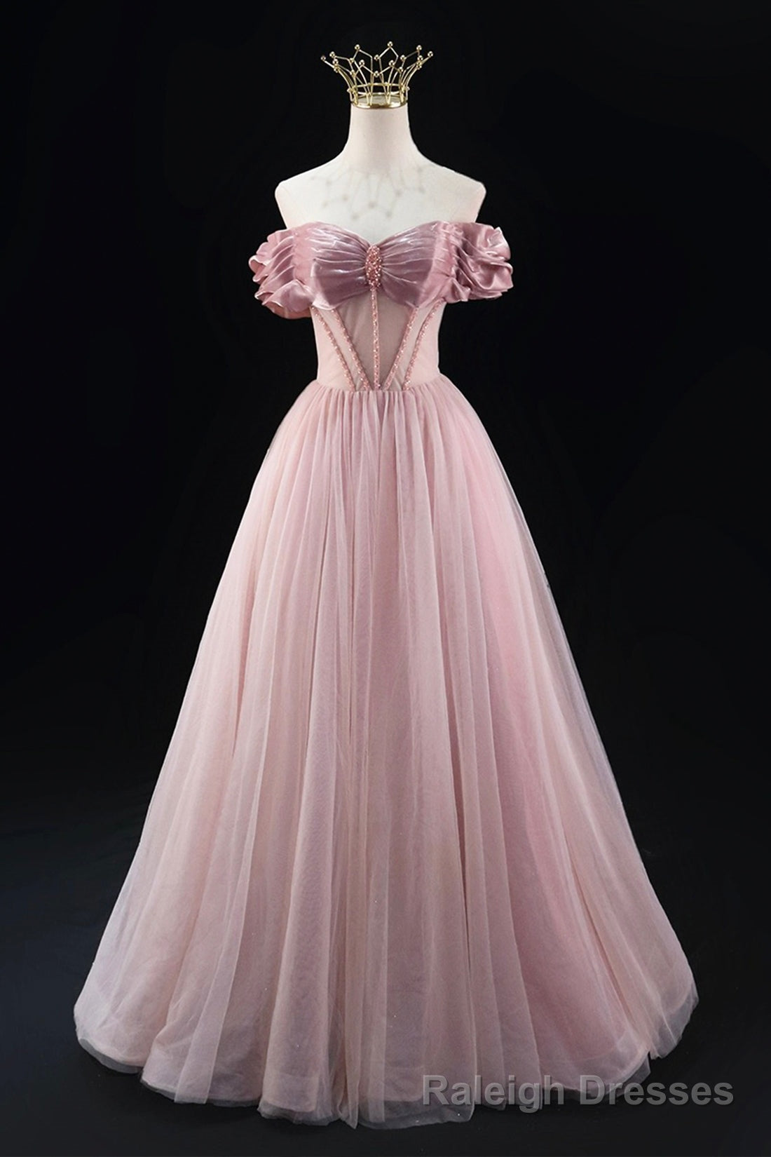 Off the Shoulder Sweetheart Beaded Tulle Long Prom Dress, A-Line Pink Evening Dress Main image