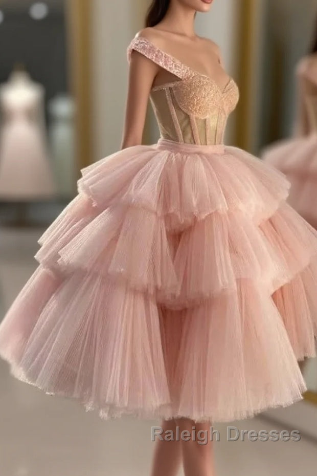 Off The Shoulder Tiered Pink Homecoming Dress Main image