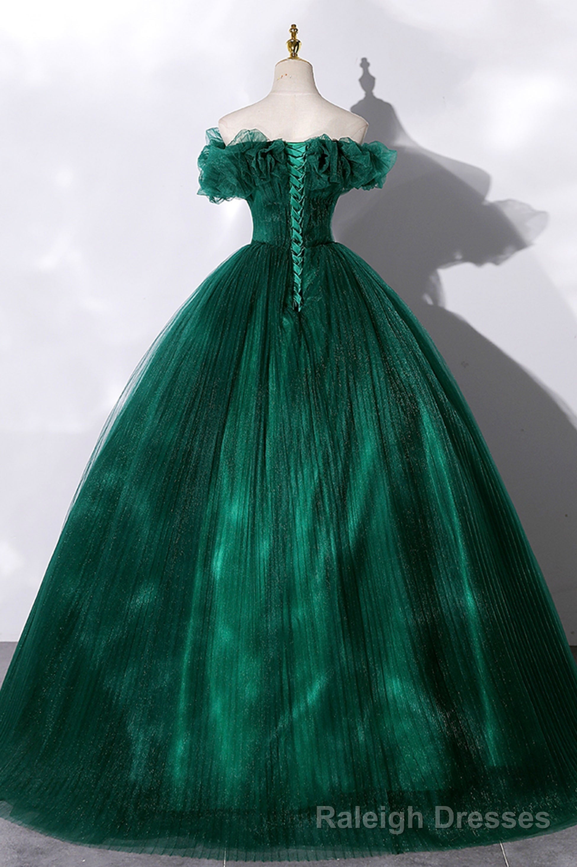 Off the Shoulder Tulle Long Prom Dress, Green A Line Prom Graduation Dress