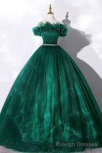 Off the Shoulder Tulle Long Prom Dress, Green A Line Prom Graduation Dress