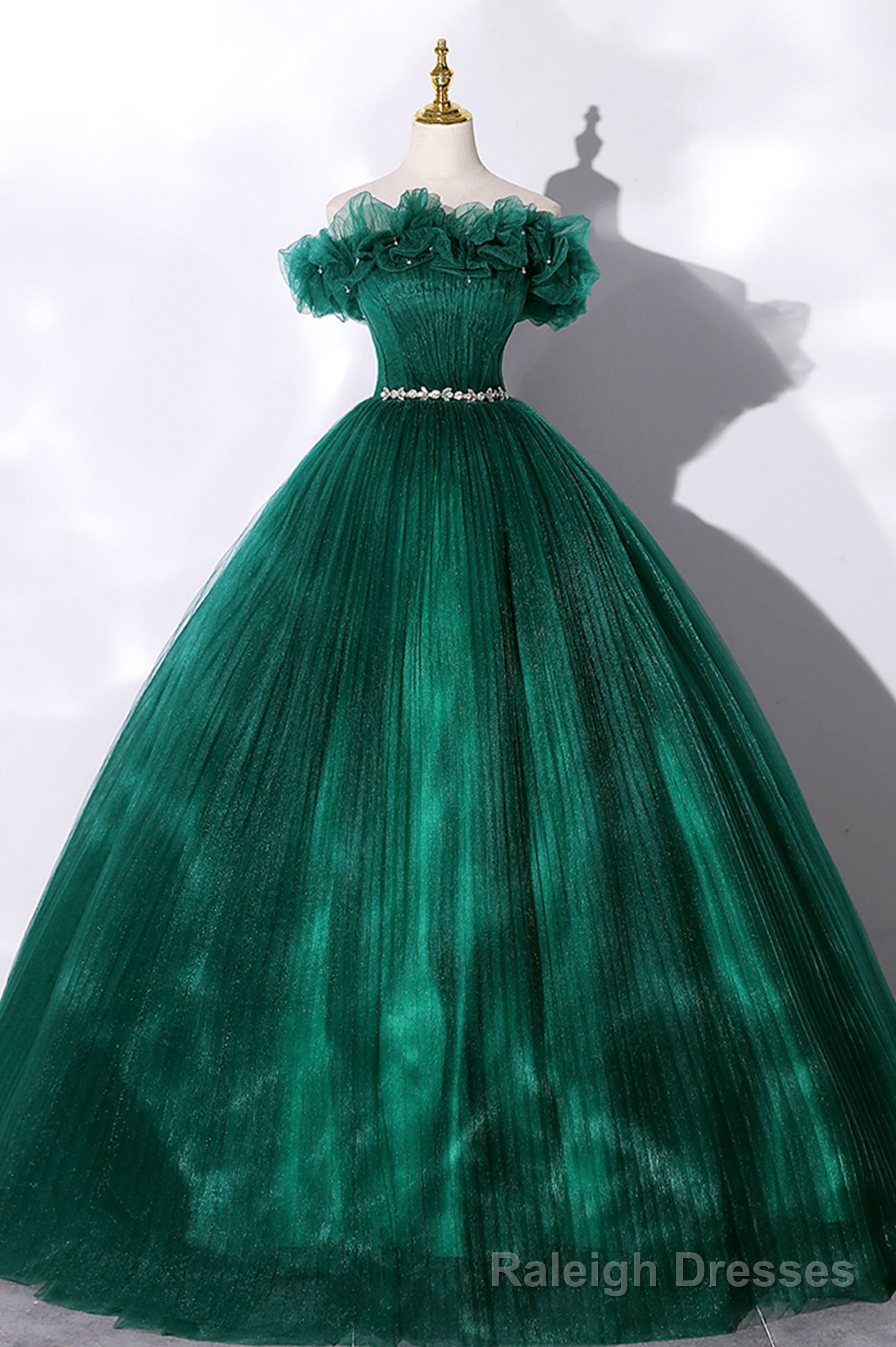 Off the Shoulder Tulle Long Prom Dress, Green A Line Prom Graduation Dress