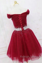 Off The Shoulder Tulle Red Short Prom Dress Lace Up