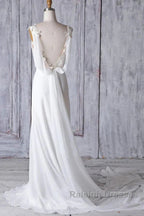 Off-The-Shoulder V Neck Backless Sheath Lace Chiffon Long Beach Wedding Dresses