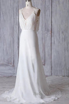 Off-The-Shoulder V Neck Backless Sheath Lace Chiffon Long Beach Wedding Dresses