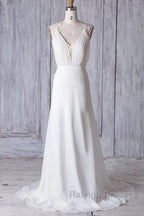 Off-The-Shoulder V Neck Backless Sheath Lace Chiffon Long Beach Wedding Dresses