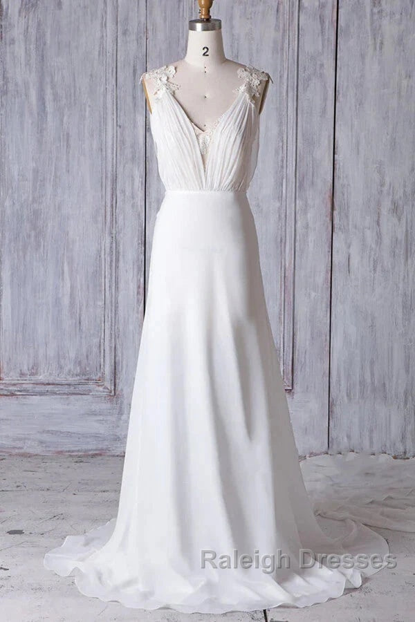 Off-The-Shoulder V Neck Backless Sheath Lace Chiffon Long Beach Wedding Dress
