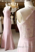 Off-The-Shoulder V Neck Mermaid Dusty Pink Floor Length Lace Bridesmaid Dresses