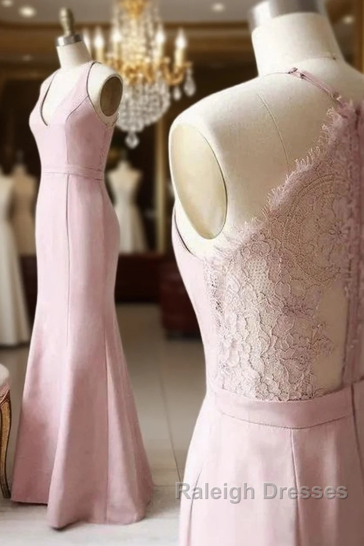 Off-The-Shoulder V Neck Mermaid Dusty Pink Floor Length Lace Bridesmaid Dresses