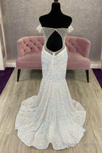 Off The Shoulder White Iridescent Sequin Prom Dresses Long Mermaid Prom Dresses