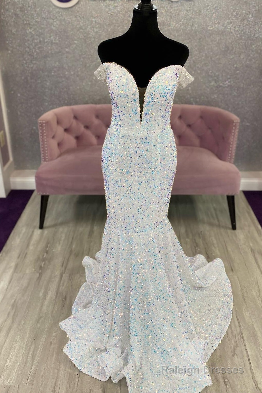 Off The Shoulder White Iridescent Sequin Prom Dresses Long Mermaid Prom Dresses Main image