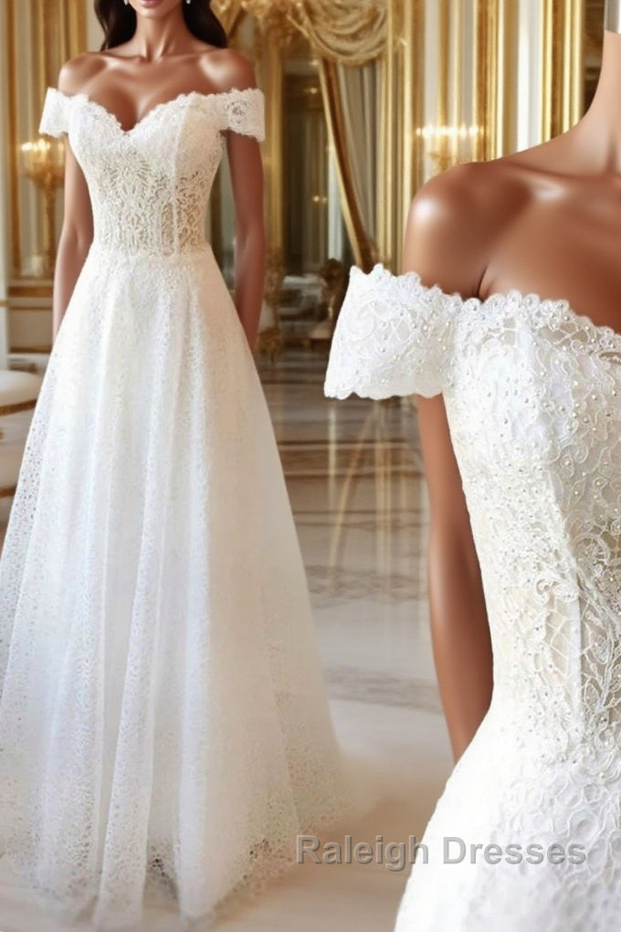 Off the Shoulder White Lace Long Prom Dress withe Beading, Off Shoulder White Lace Formal Dress, White Lace Evening Dress Main image