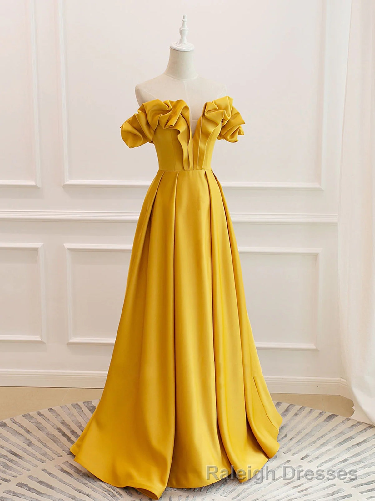 Off the Shoulder Yellow Burgundy Long Prom Dresses, Yellow Wine Red Long Satin Formal Dresses Main image
