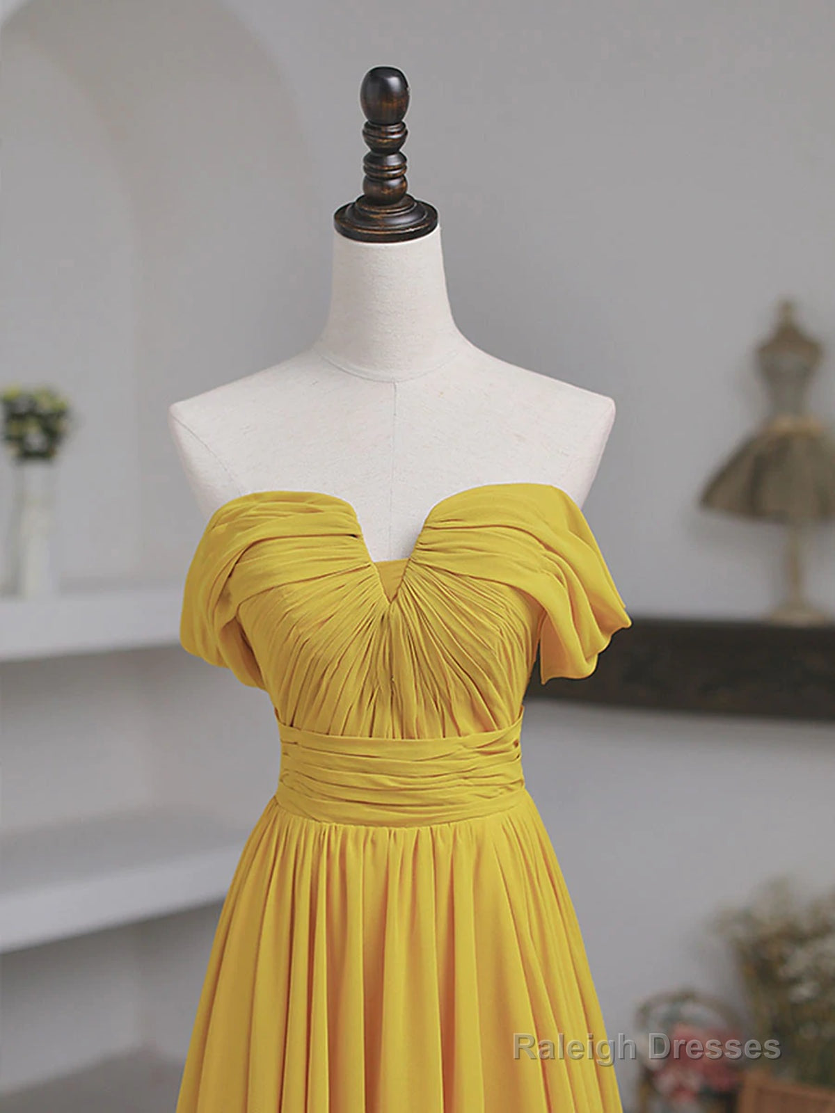 Off The Shoulder Yellow Chiffon Long Prom Dresses, Yellow Long Formal Bridesmaid Dresses