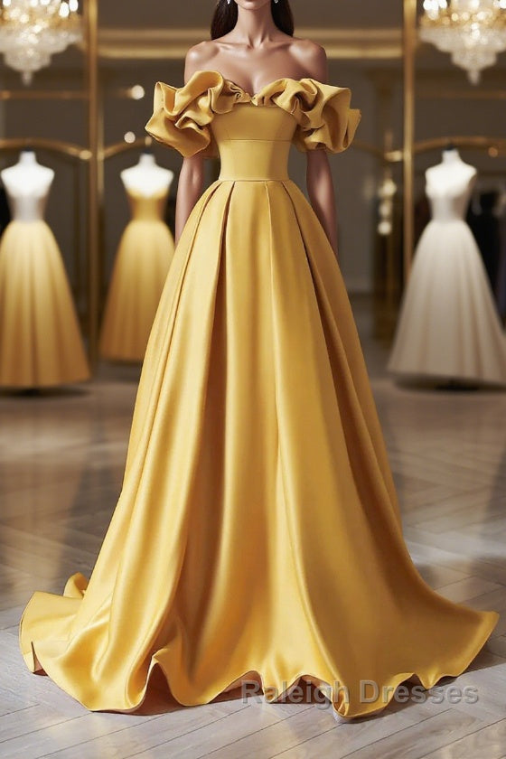 Off the Shoulder Yellow Satin Long Prom Dresses, Off Shoulder Yellow Long Formal Evening Dresses Main image