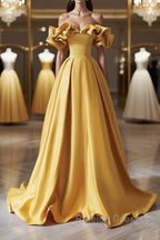 Off the Shoulder Yellow Satin Long Prom Dresses, Off Shoulder Yellow Long Formal Evening Dresses