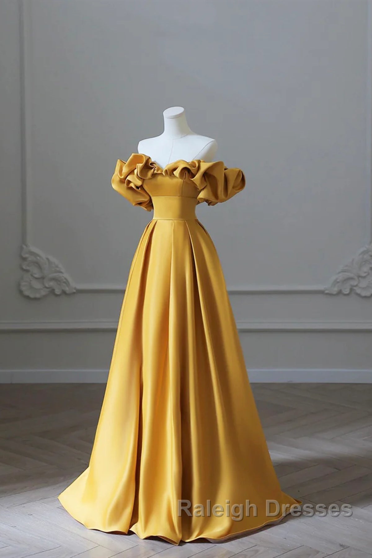 Off the Shoulder Yellow Satin Long Prom Dresses, Off Shoulder Yellow Long Formal Evening Dresses Secondary image