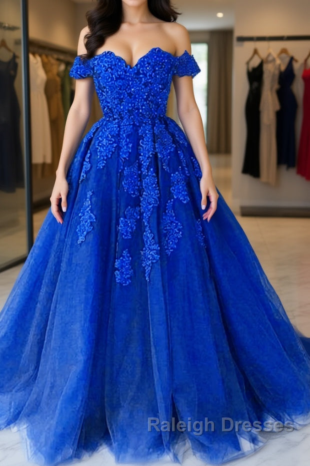Off the Shouler Royal Blue Lace Prom Dresses, Off Shoulder Blue Lace Formal Evening Dresses Main image