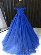 Off the Shouler Royal Blue Lace Prom Dresses, Off Shoulder Blue Lace Formal Evening Dresses