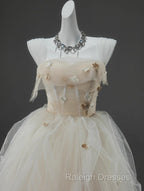 Off-White A-Line Straps Tulle Prom Dresses Long Simple Applique Wedding Dresses