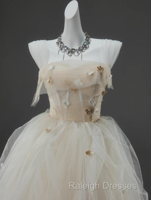 Off-White A-Line Straps Tulle Prom Dresses Long Simple Applique Wedding Dresses