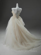 Off-White A-Line Straps Tulle Long Prom Dress Simple Applique Wedding Dress
