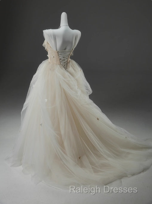 Off-White A-Line Straps Tulle Prom Dresses Long Simple Applique Wedding Dresses