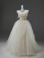 Off-White A-Line Straps Tulle Prom Dresses Long Simple Applique Wedding Dresses