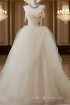 Off-White A-Line Straps Tulle Long Prom Dress Simple Applique Wedding Dress