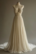 Off-White A-Line V-Neck Chiffon Beaded Long Prom Dress Simple Wedding Dress Bridesmaid Dress