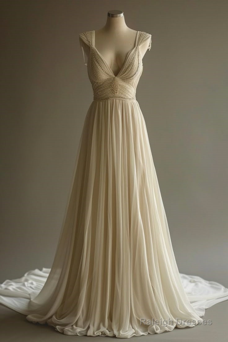 Off-White A-Line V-Neck Chiffon Beaded Long Prom Dress Simple Wedding Dress Bridesmaid Dress
